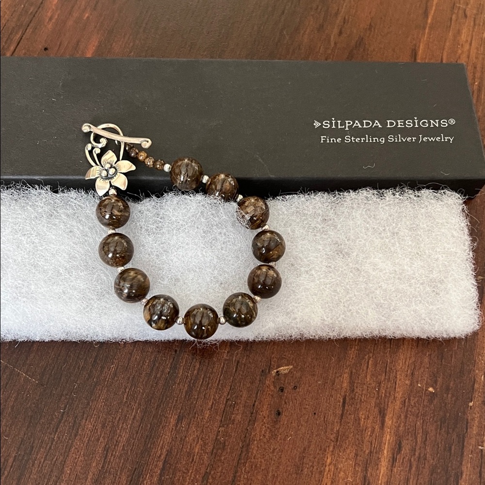 Silpada NIB Bracelet Sterling Silver Bronzite Bead Toggle Flower Clasp B1365 - Picture 5 of 6